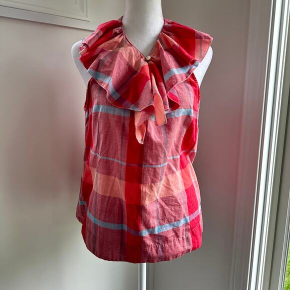 Isabella Sinclair Anthro Andover Cottage Camp Red Plaid Blouse Medium - Picture 2 of 11